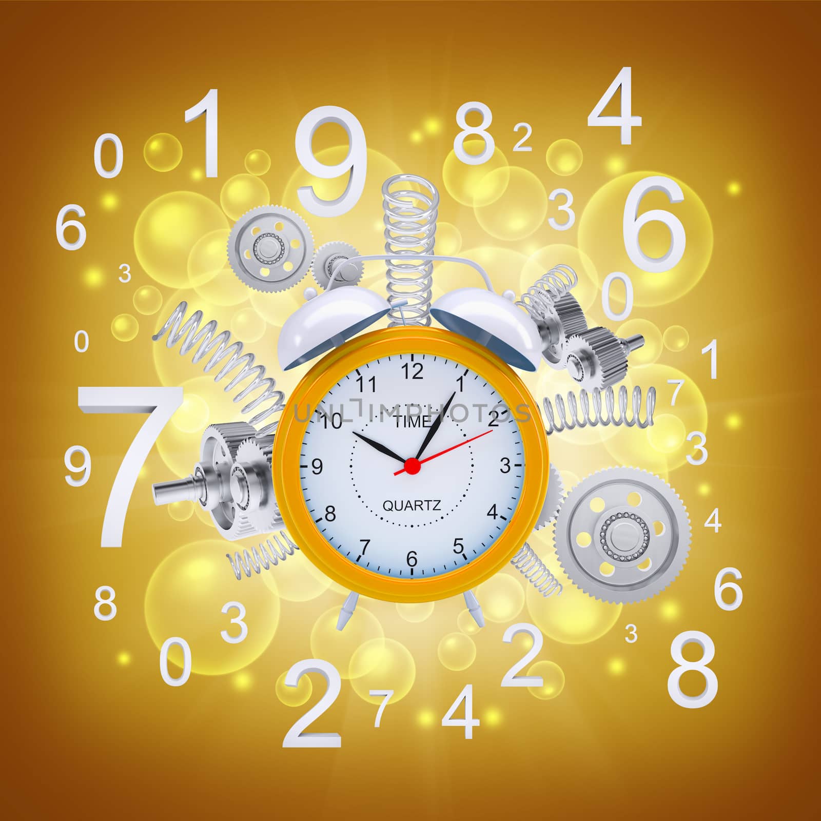 Alarm clock with springs and gears. Orange background