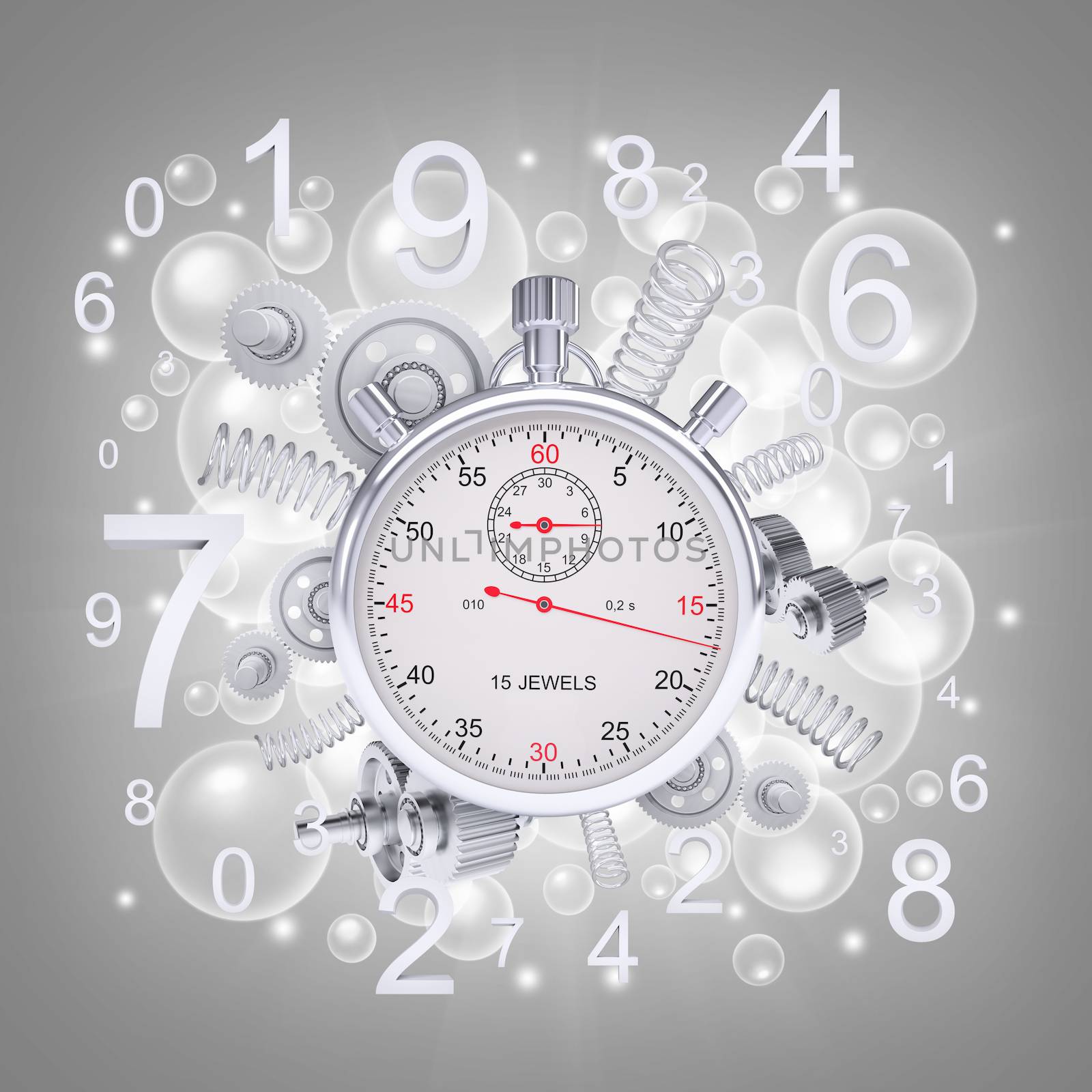 Stopwatch with figures and gears. Gray background