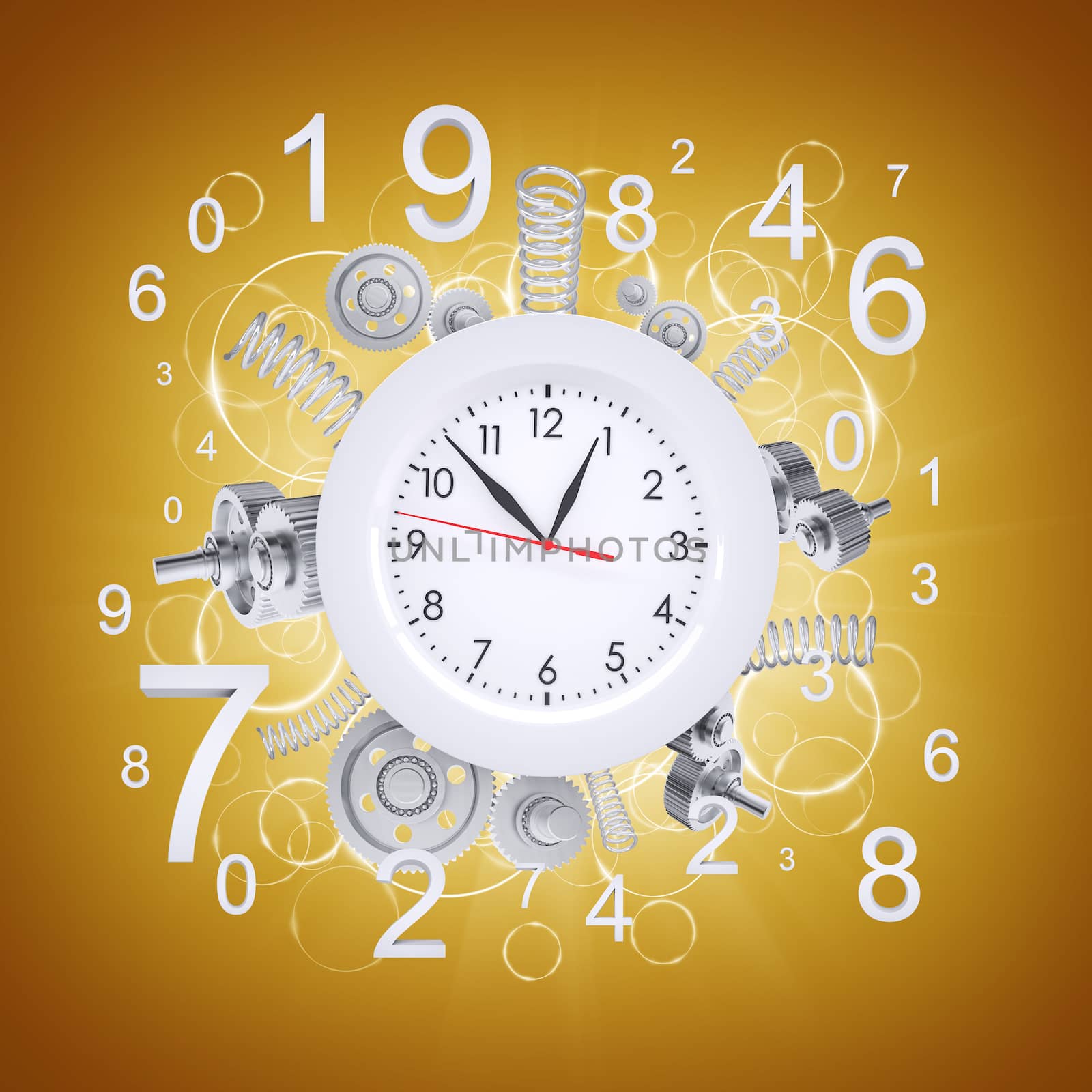 Clock face with springs and gears. Orange background