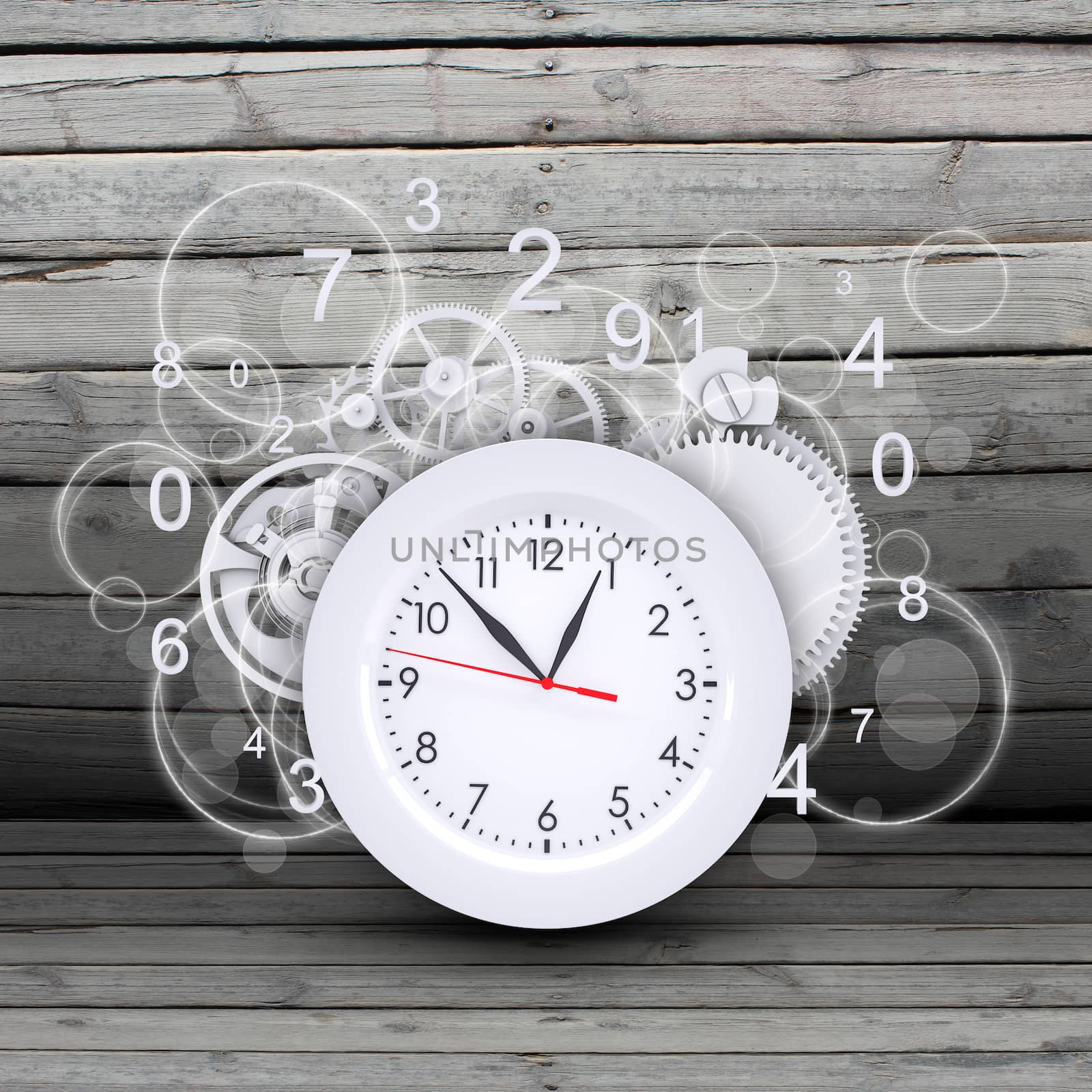 Clock face with figures and white gears. Wooden background