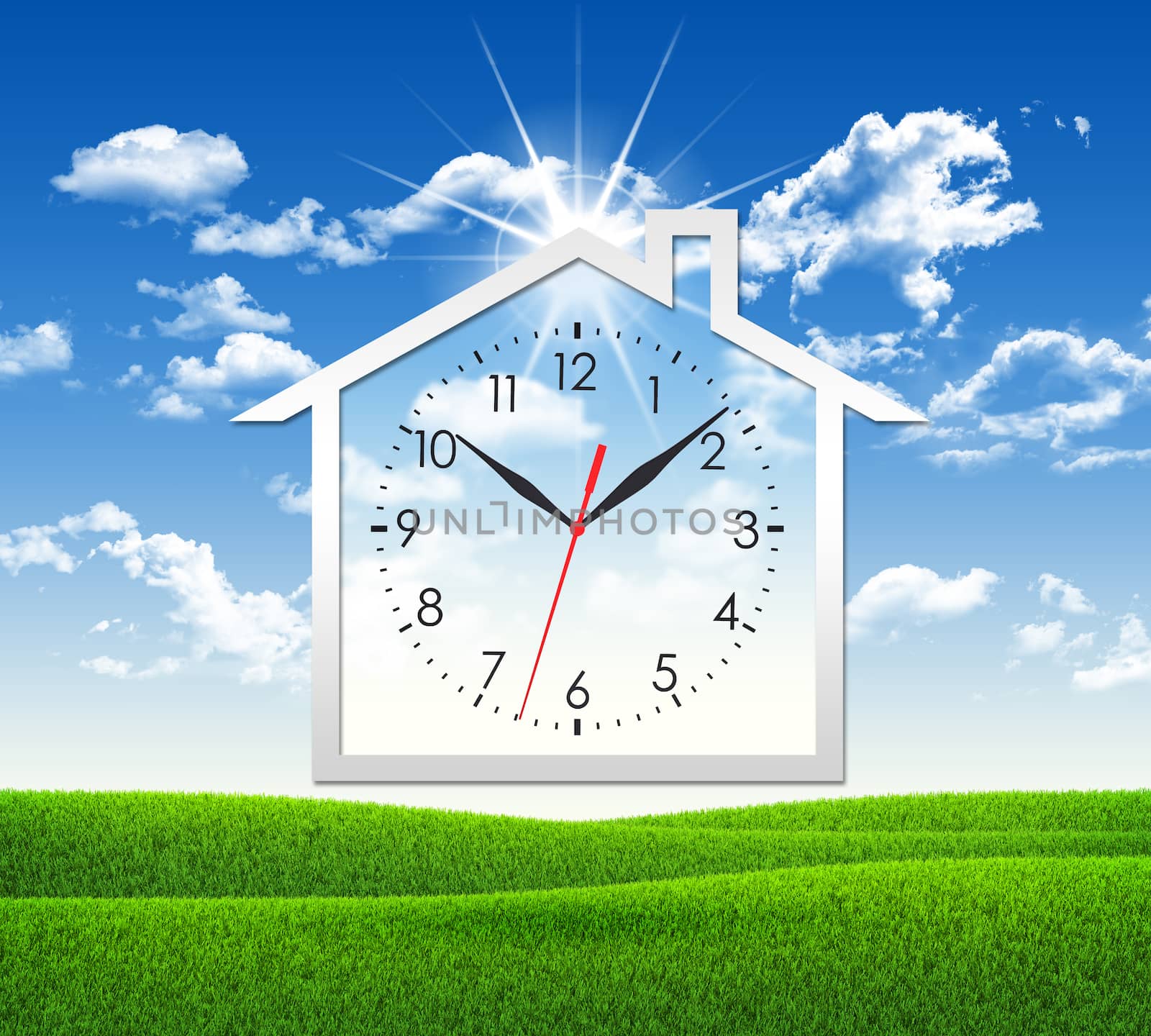 House icon with clock face on background of green grass and blue sky