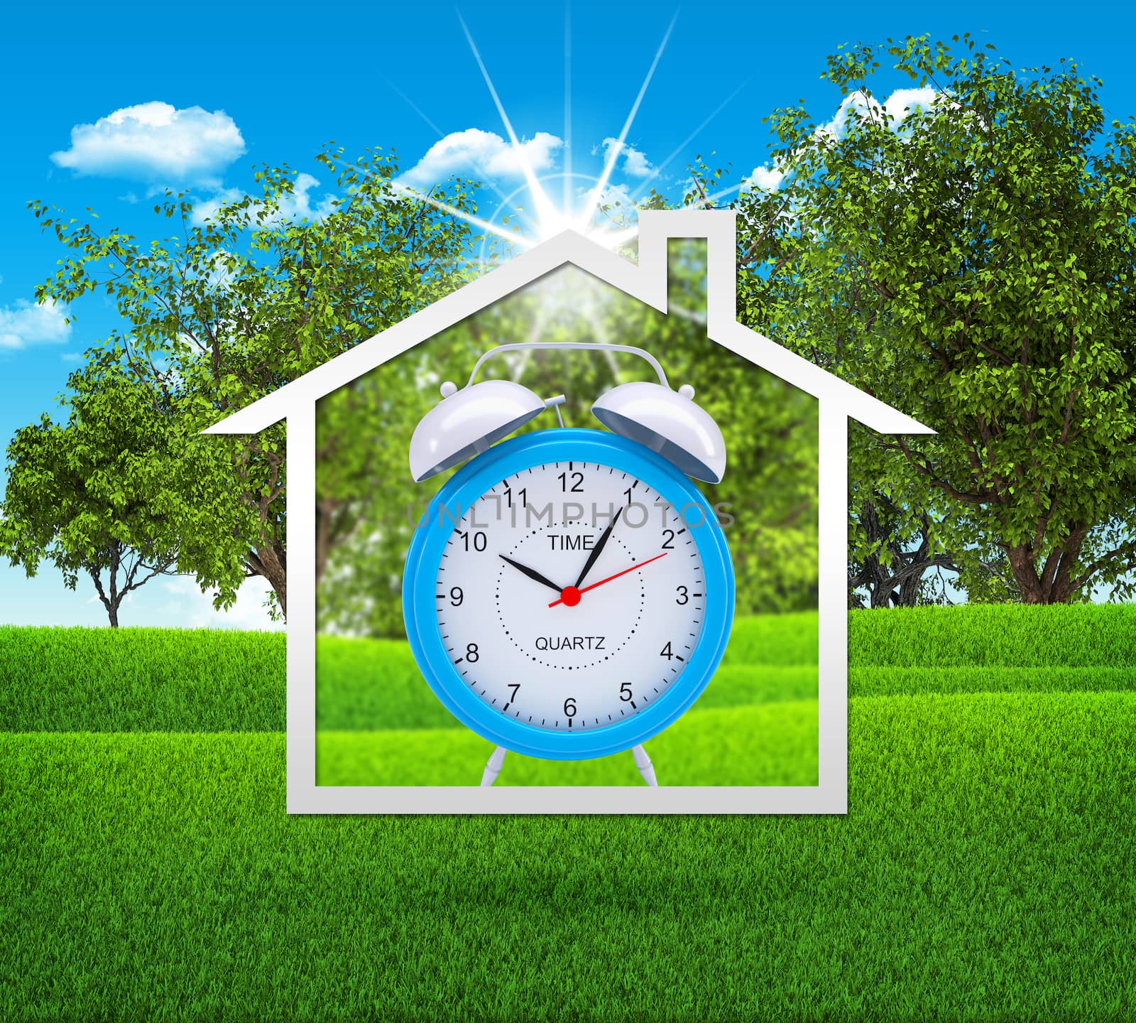 House icon with alarm clock on background of green grass, trees and blue sky