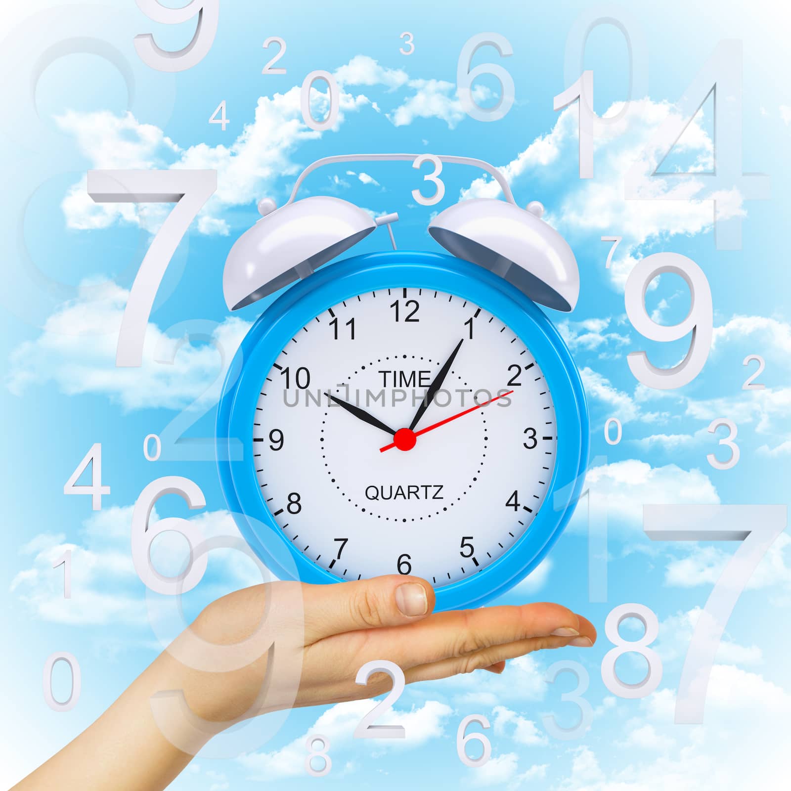 Hand hold alarm clock with figures. Blue sky background