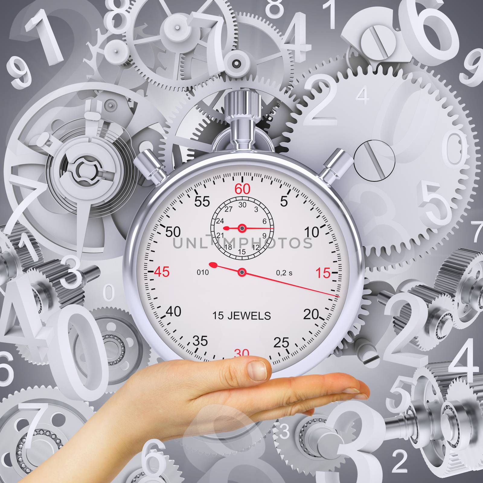 Hand hold stopwatch with figures and gears. Gray background