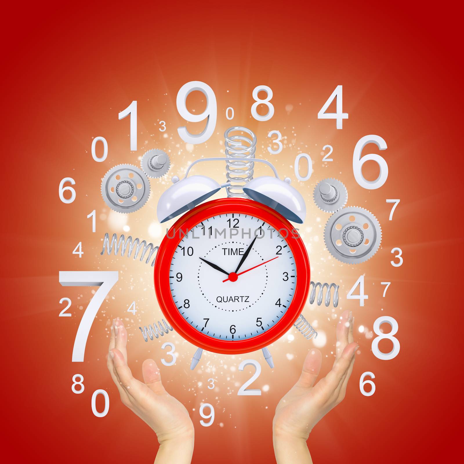 Hands hold alarm clock with springs and gears. Red background