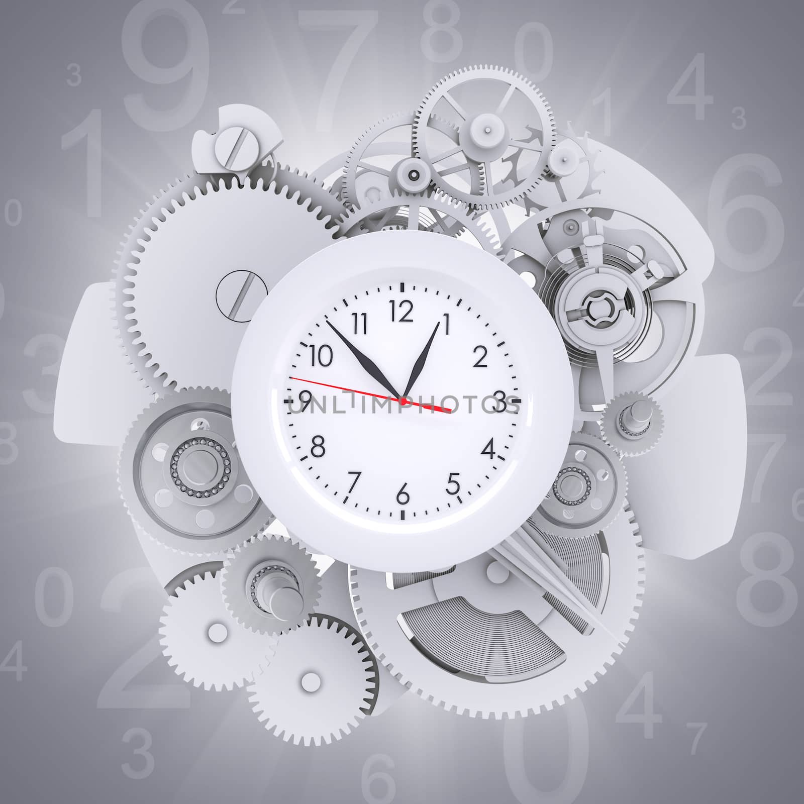 Clock face with figures and white gears. Green background