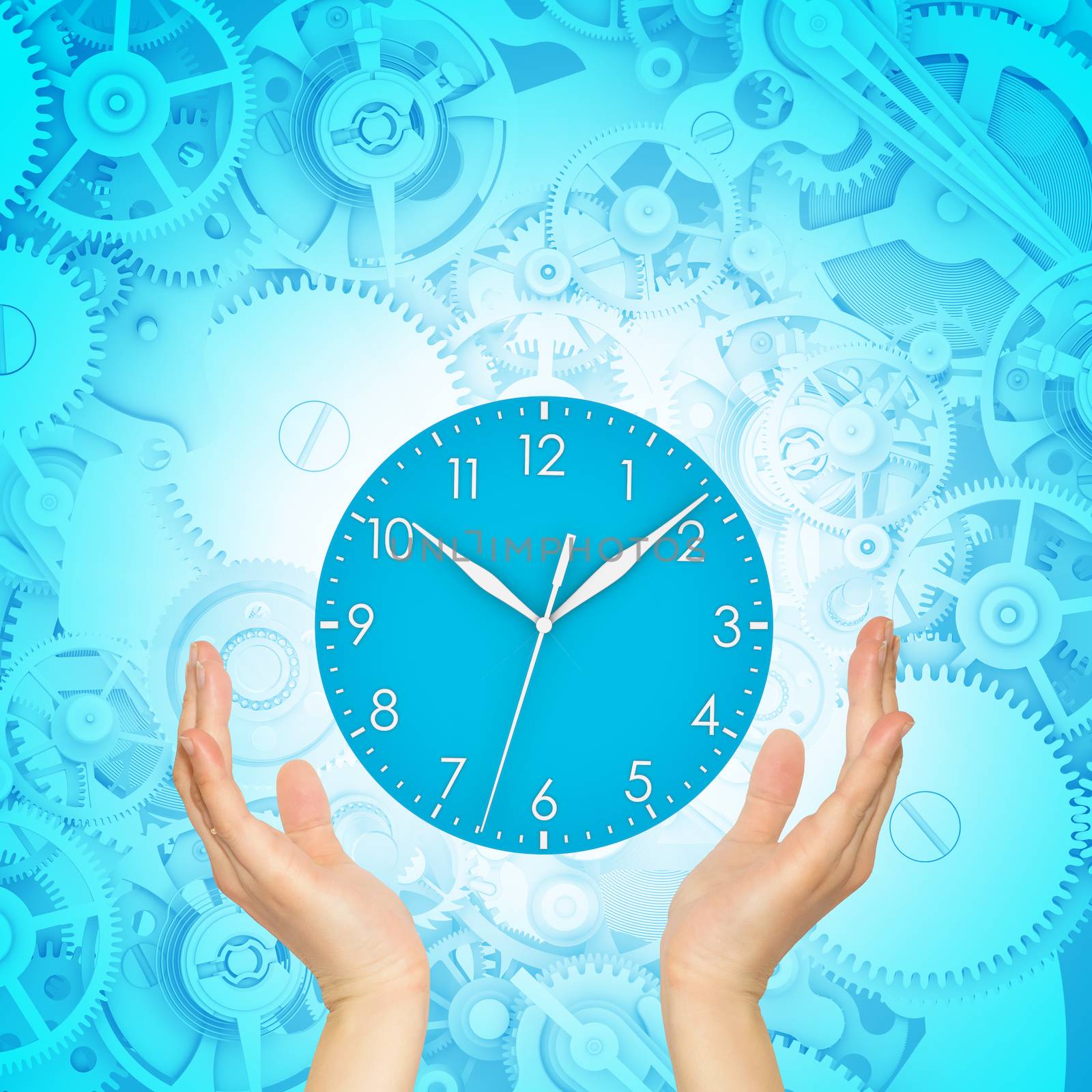 Hands hold clock with gears. Blue background