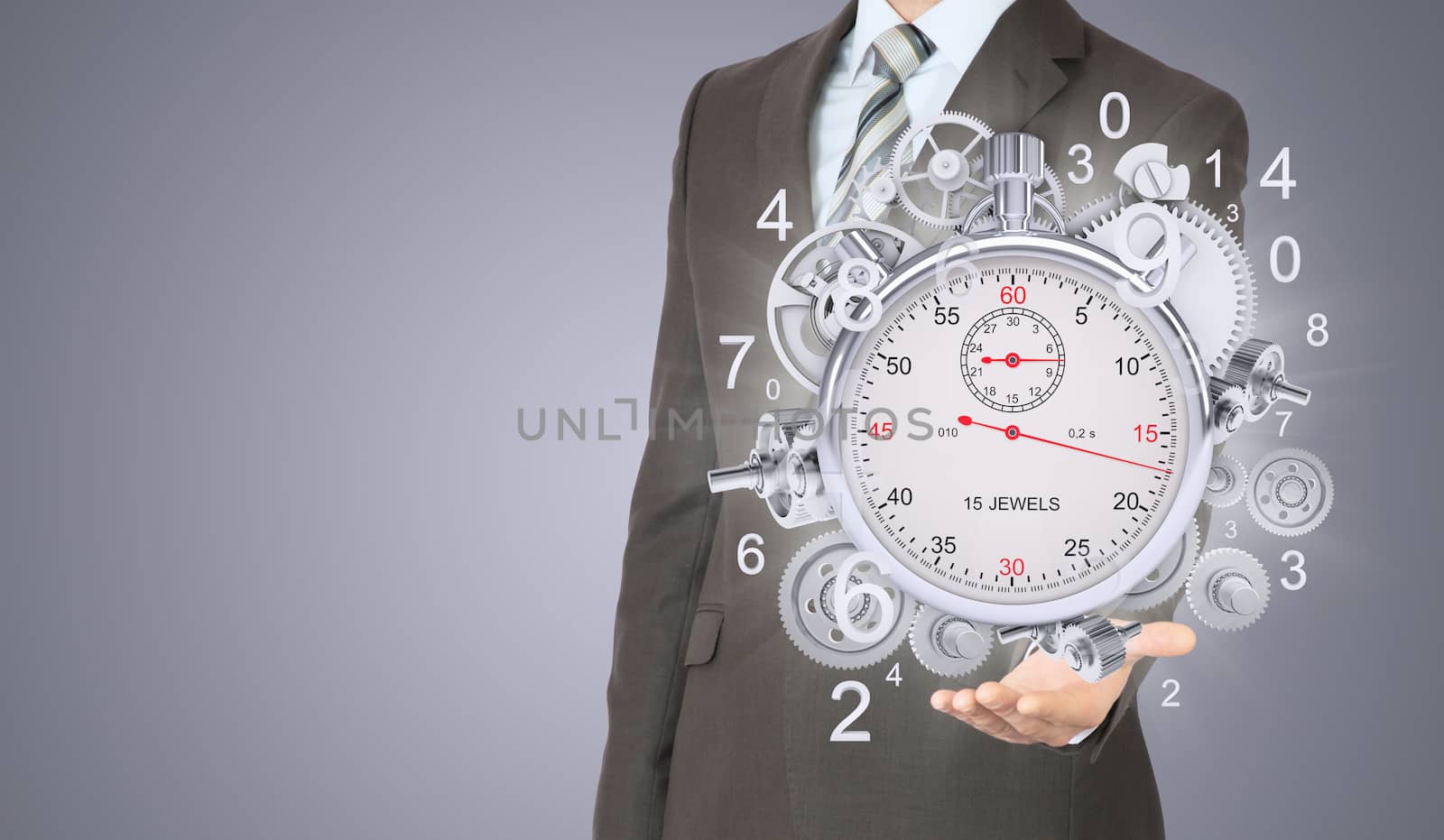 Businessman hold stopwatch with figures and gears. Gray background