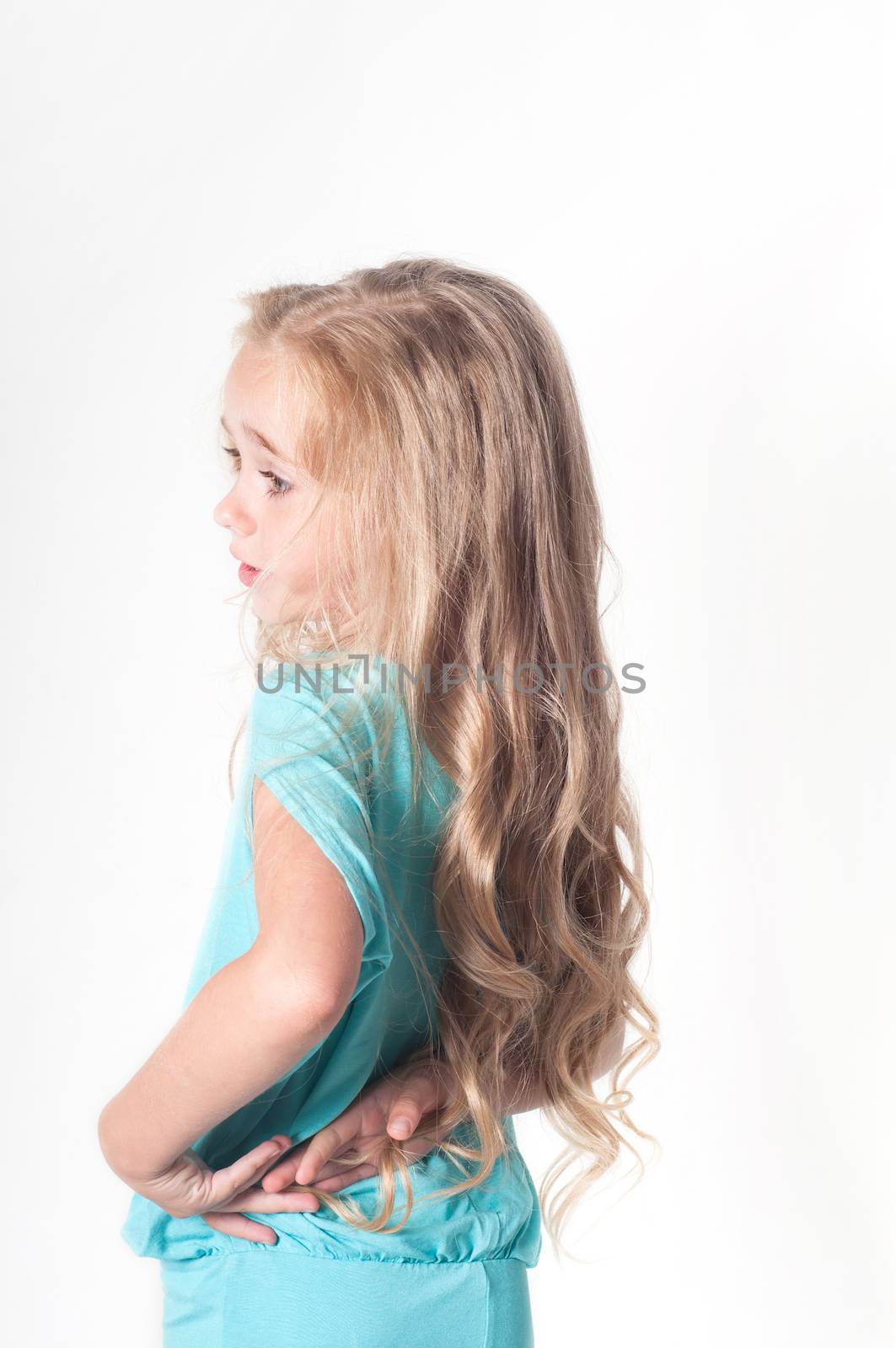 Photo from the back of little girl in blue dress