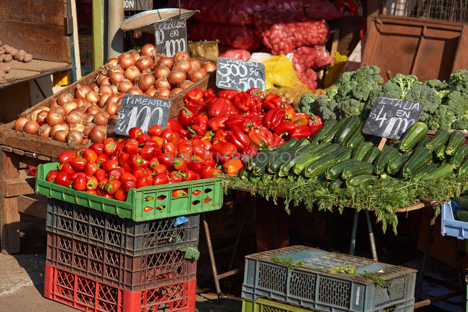 Fresh fruit and vegetables for sale in the historic Central Market (La Vega) in Santiago, capital of Chile