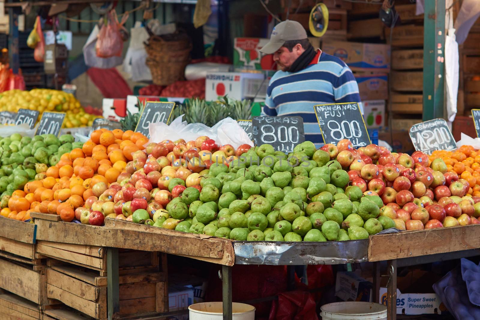Fresh fruit and vegetables for sale in the historic Central Market (La Vega) in Santiago, capital of Chile