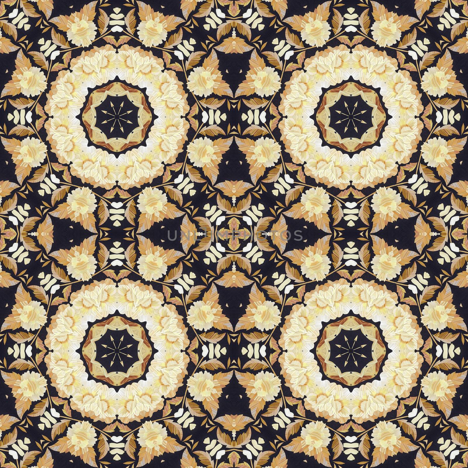 Abstract seamless artistic pattern, floral ornament, handmade applique from painted straw and bark on a black fabric background