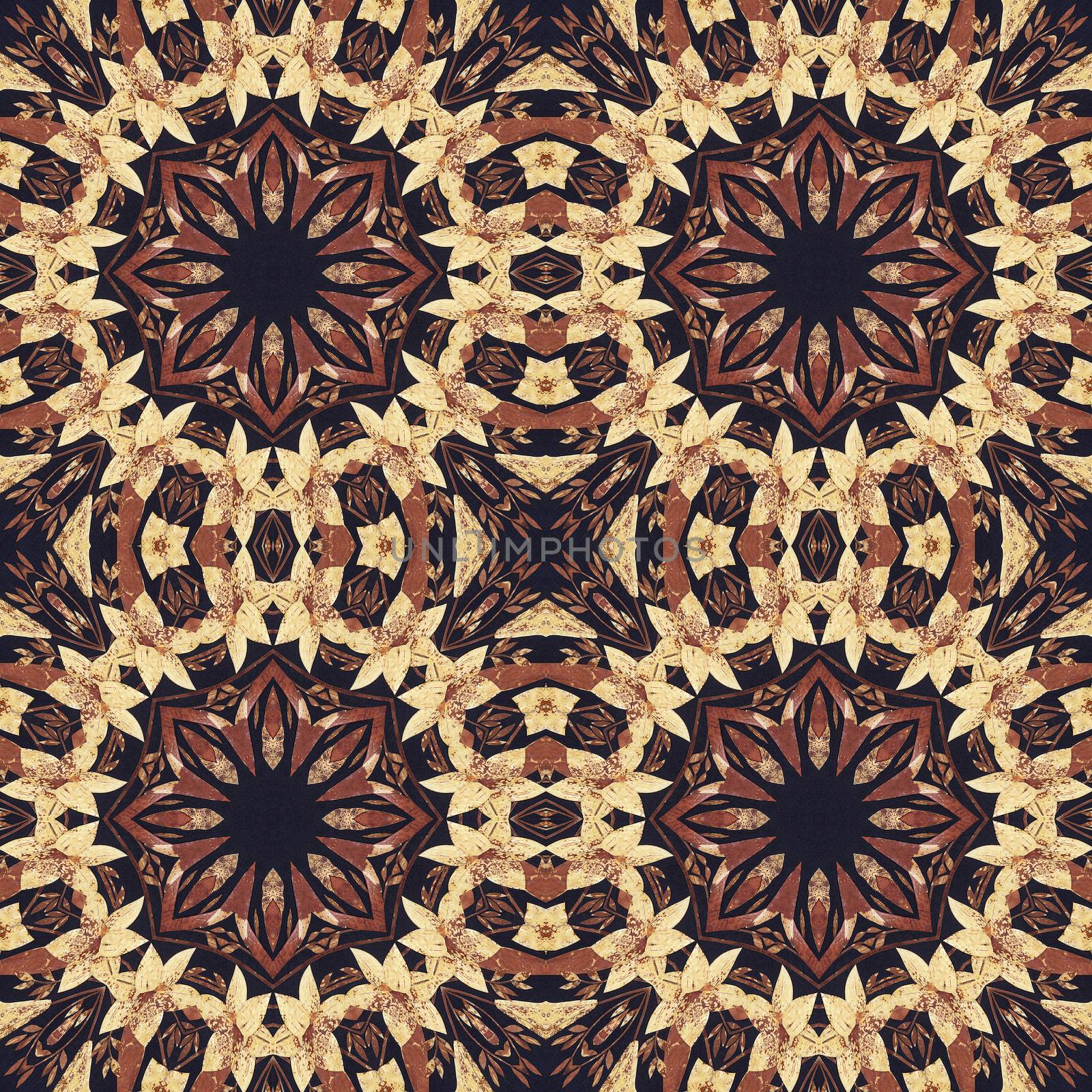 Abstract artistic pattern, seamless handmade floral ornament, applique from the back side of a birch bark on black fabric background
