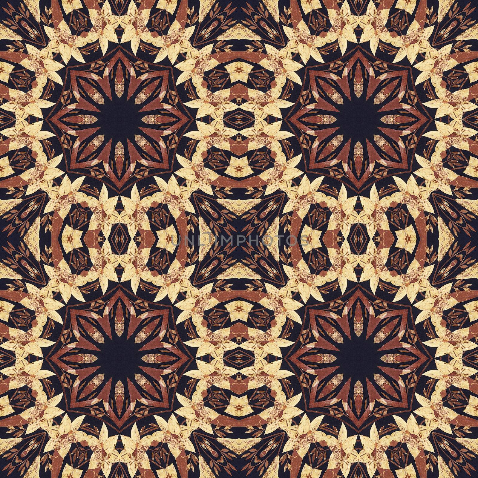 Abstract artistic pattern, seamless handmade floral ornament, applique from the back side of a birch bark on black fabric background