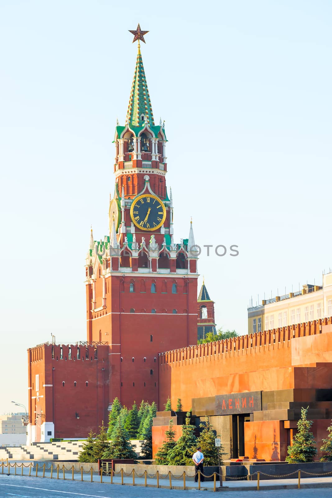 Lenin's Mausoleum and Kremlin tower in Moscow