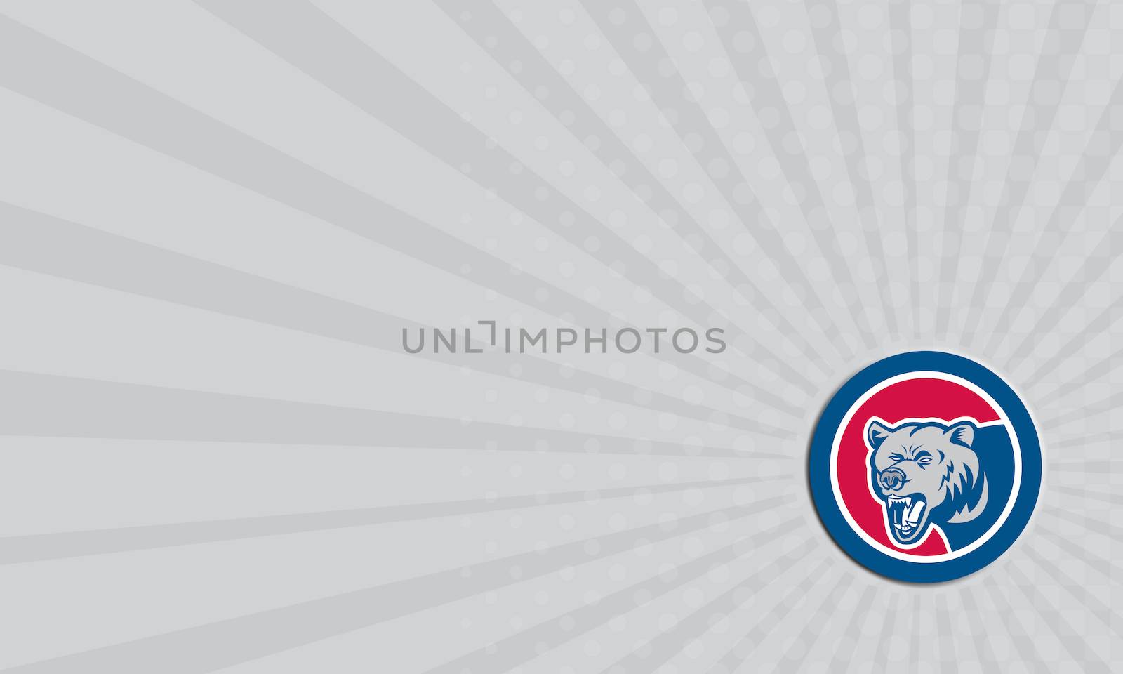 Business card showing illustration of a grizzly bear head looking to the side set inside circle on isolated background done in retro style. 