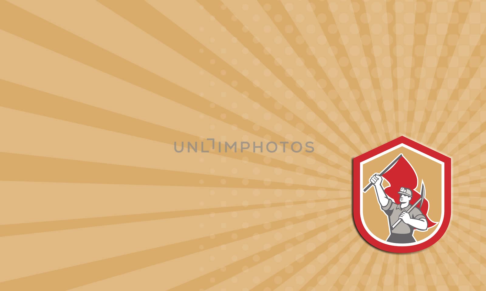 Business card showing illustration of a coal miner hardhat with pick axe on shoulder and other hand carrying flag set inside shield crest on isolated background done in retro style.