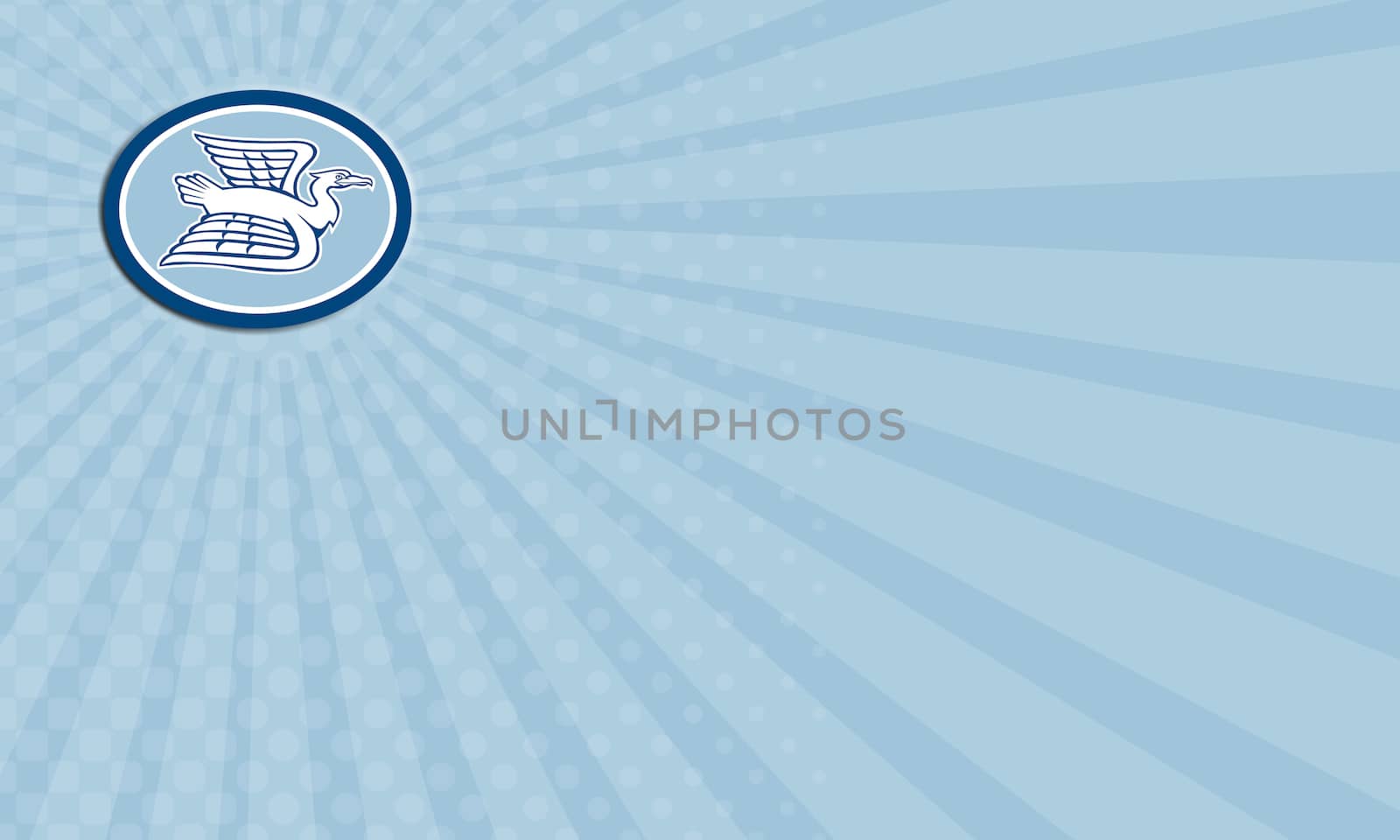 Business card showing illustration of a heron crane flying viewed from the side set inside oval shape on isolated background done in retro style.