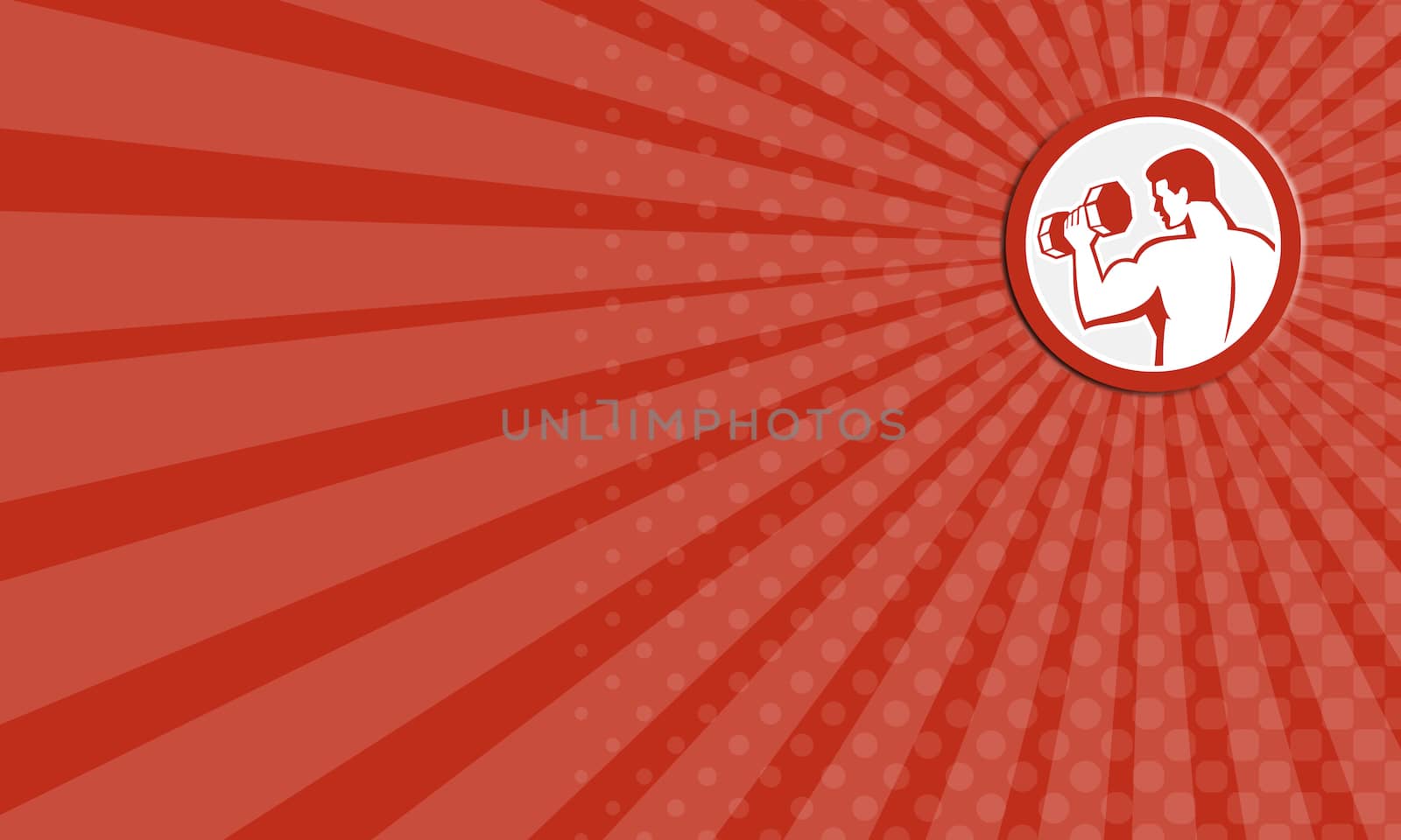 Business card showing illustration of a man lifting dumbbell weight training fitness set inside circle on isolated white background done in retro style.