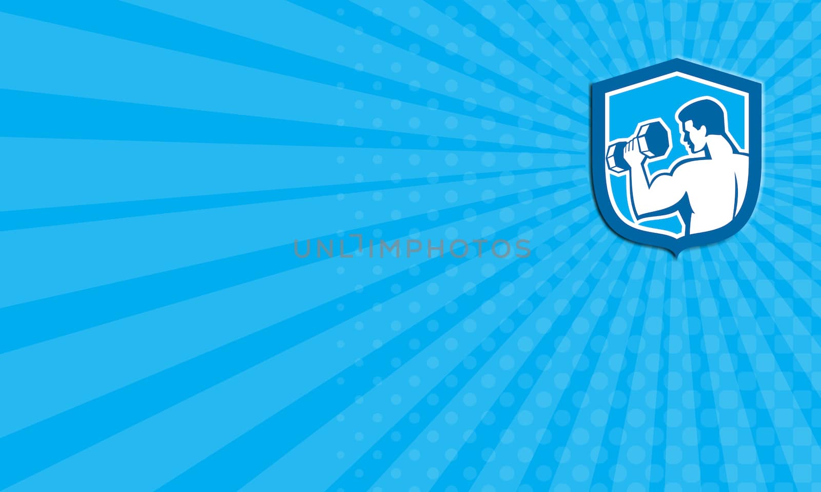 Business card showing illustration of a man lifting dumbbell weight training set inside shield crest done in retro style on isolated background,