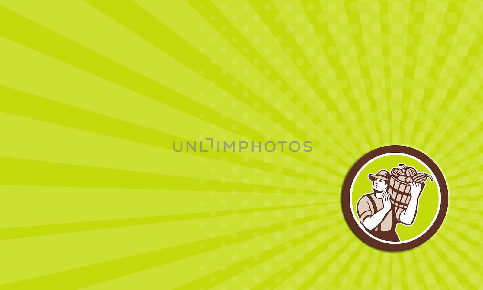 Business card showing illustration of organic farmer carrying bucket of harvest crop produce of vegetables on shoulder done in retro style on isolated background. 