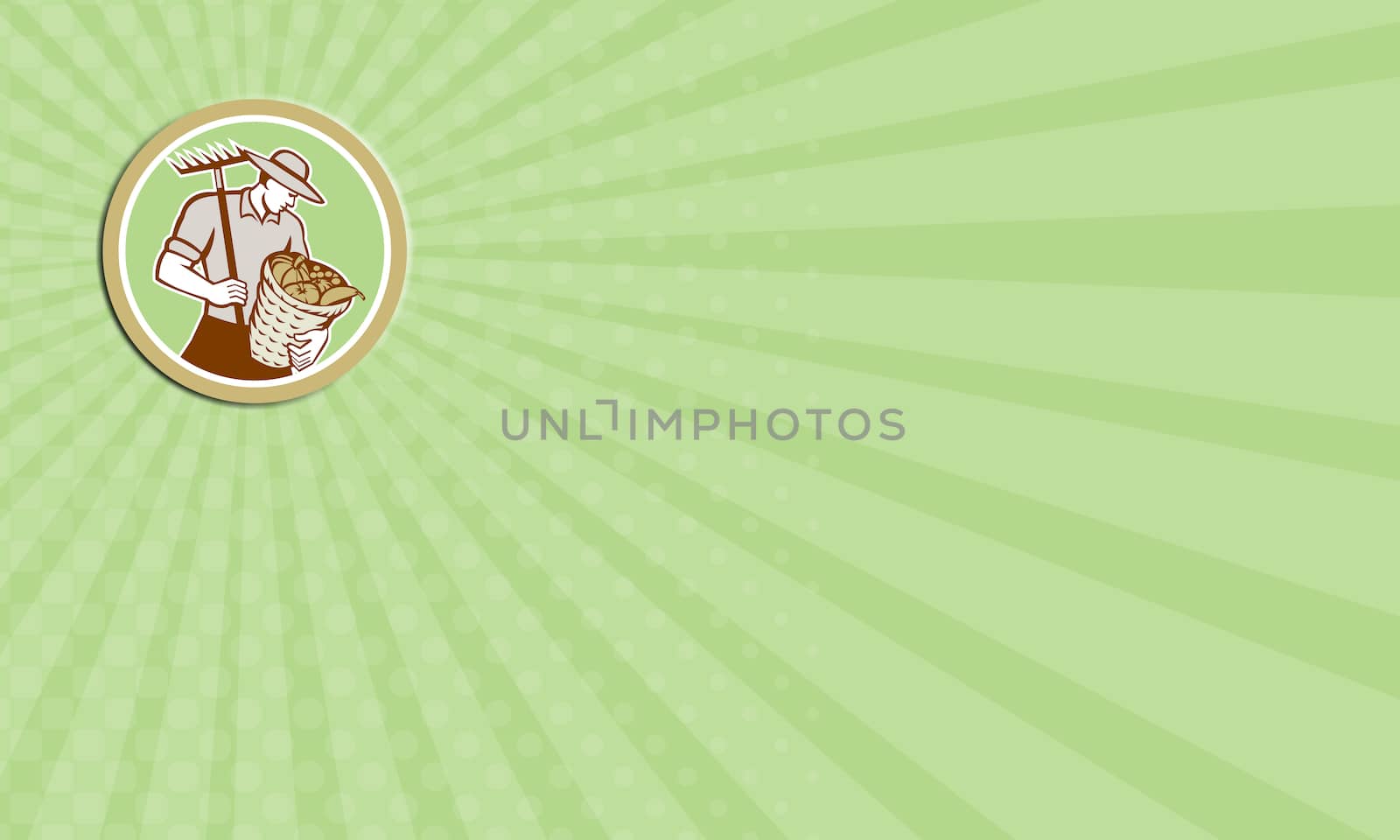 Business card showing illustration of organic farmer holding rake on shoulder and basket of crops produce harvest facing side set inside circle on isolated background done in retro style.