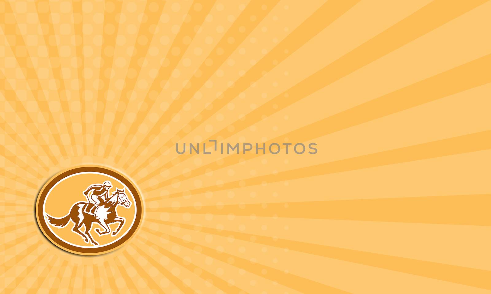 Business card showing illustration of horse and jockey racing viewed from side set inside circle shape on isolated background done in retro style.
