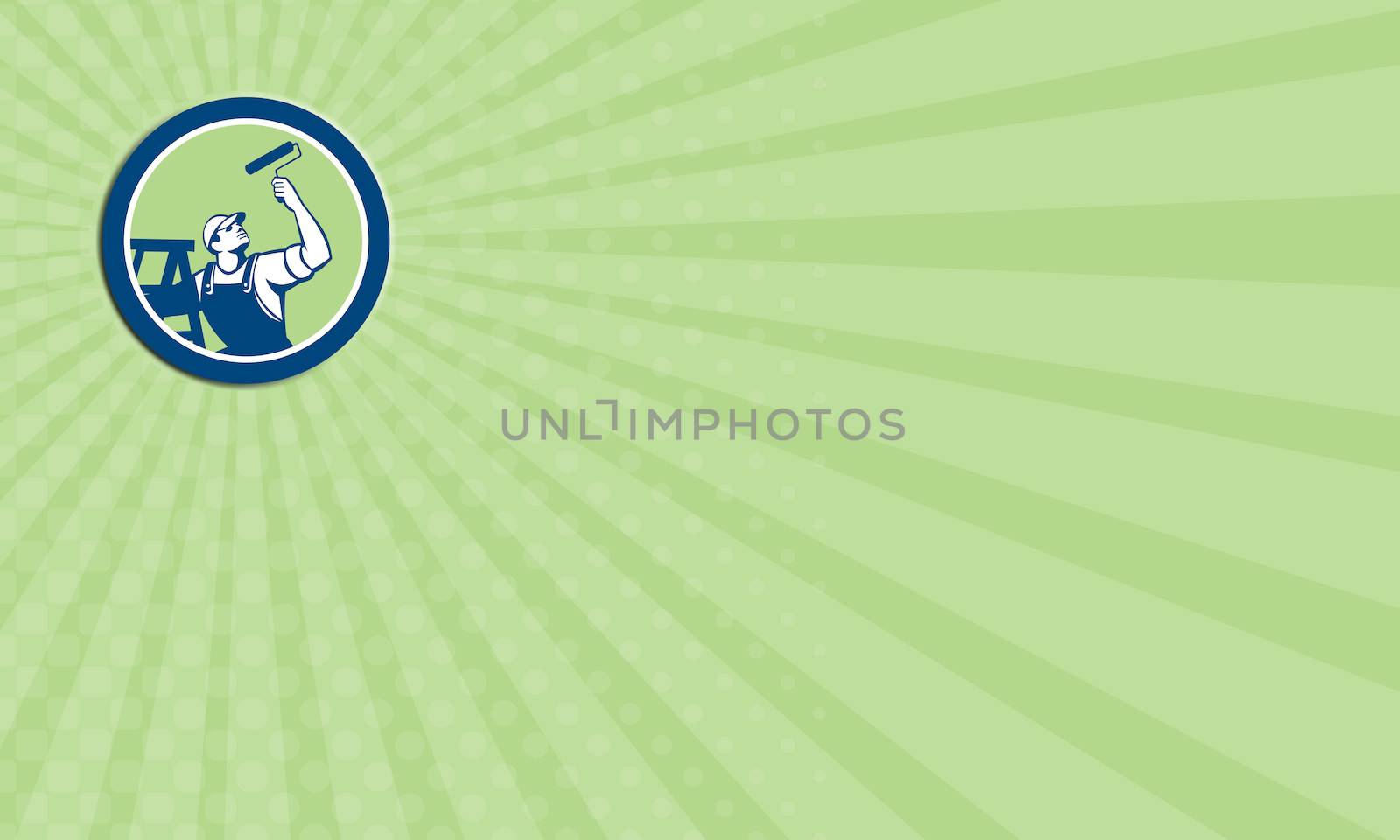 Business card showing illustration of a house painter with paint roller and ladder looking up set inside circle on isolated background done in retro style.