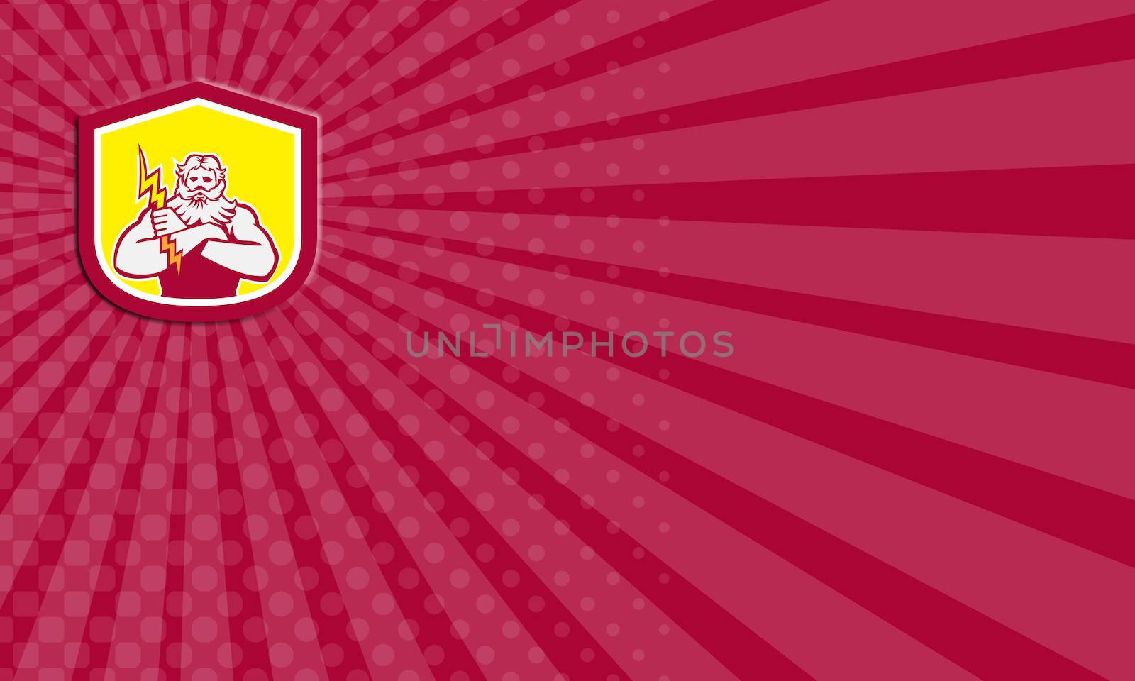 Business card showing illustration of Zeus Greek arms cross holding thunderbolt set inside shield crest on isolated background done in retro style. 