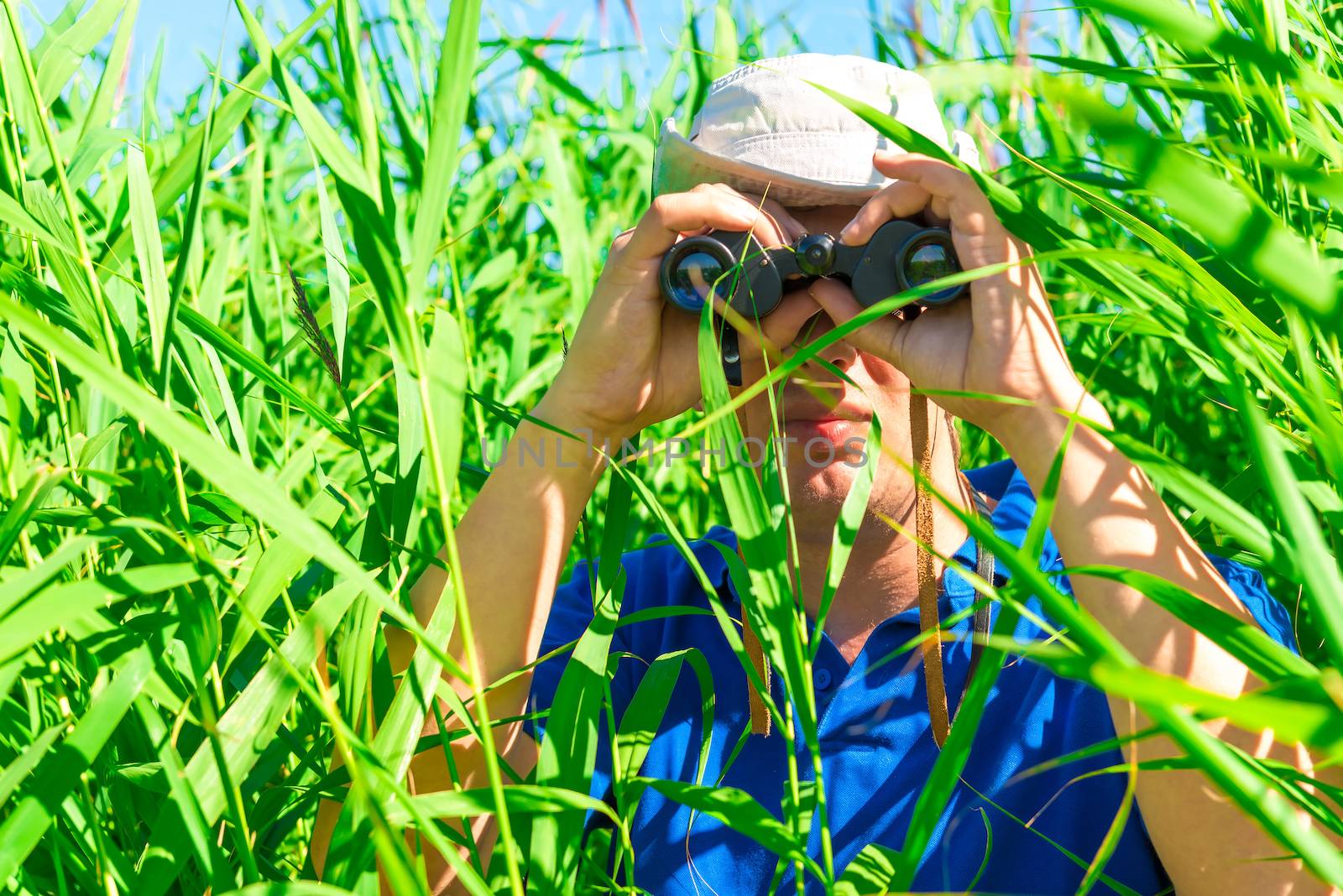 man in an ambush the reeds with binoculars by kosmsos111