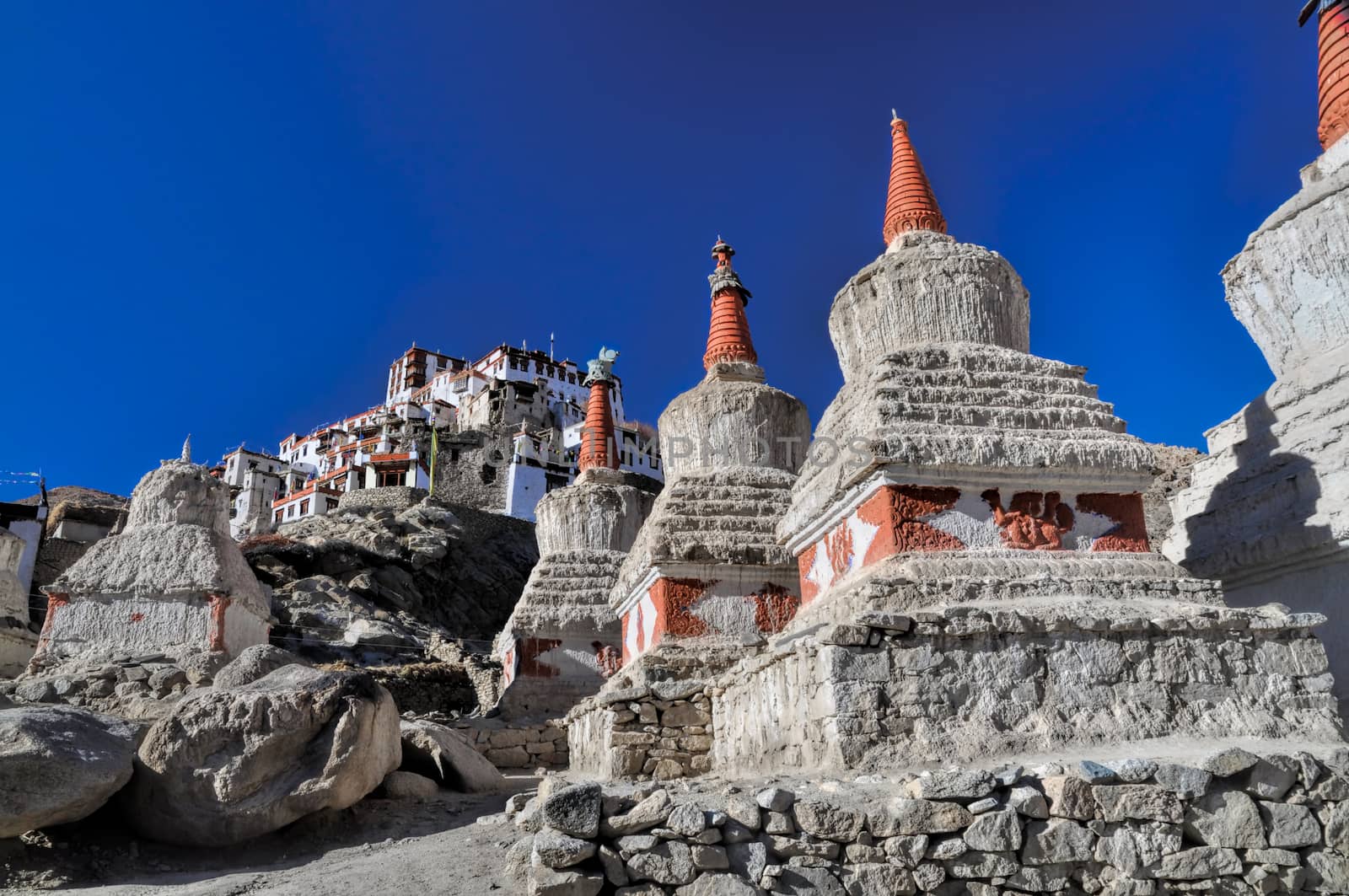 Bottom-up view of the side of Chemrey monastery in Ladakh