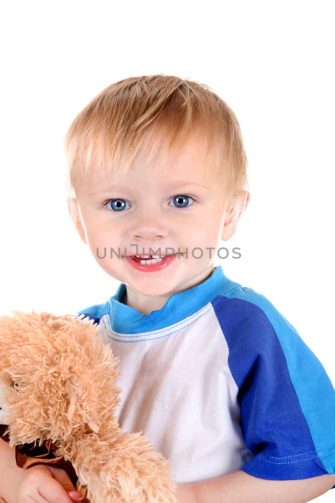 Cheerful Baby with Teddy Bear Isolated on the White Background
