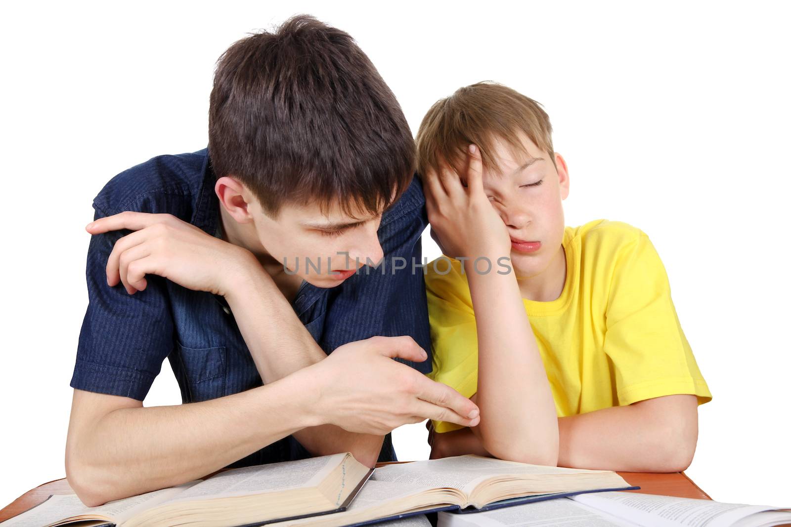 Older Brother and Annoyed Kid on the School Desk on the white background