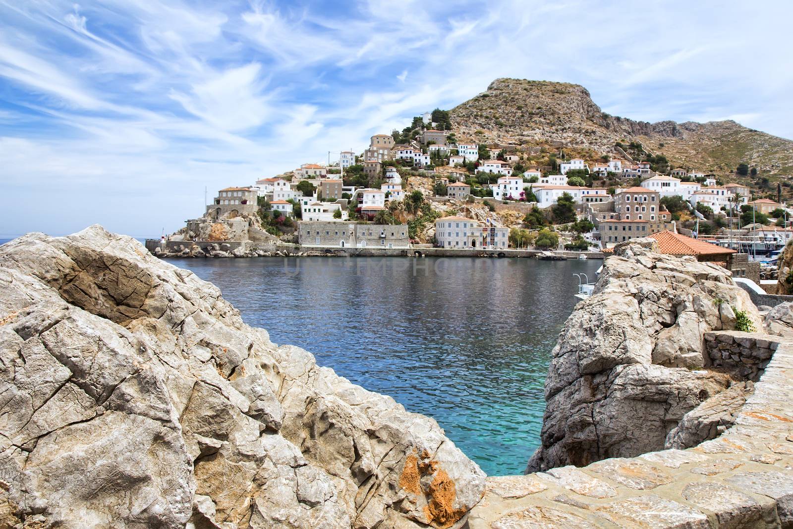 View of Hydra or Ydra, a picturesque Greek Saronic island in the Aegean Sea.