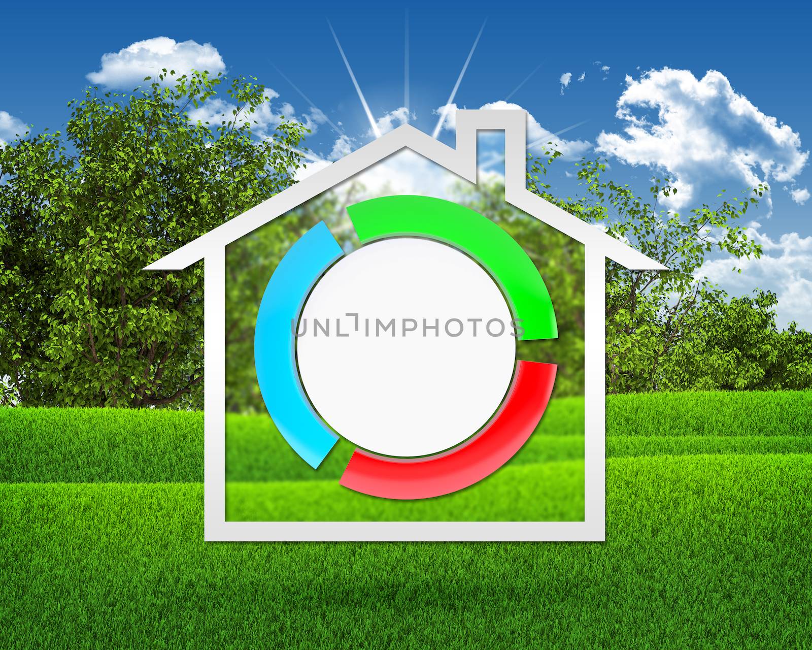 House icon and stylized button. Background of green grass and blue sky