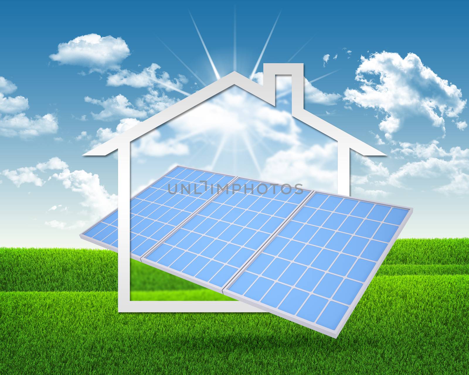 Solar battery and symbol of house. Green grass and blue sky as backdrop