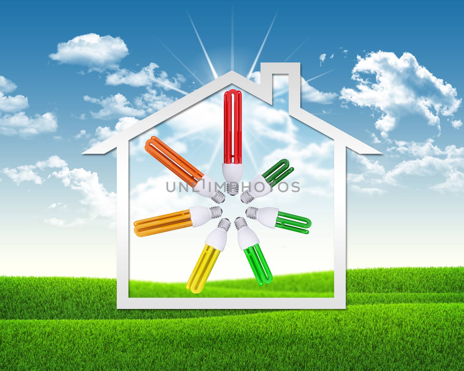 Light bulbs and symbol of house. Green grass and blue sky as backdrop