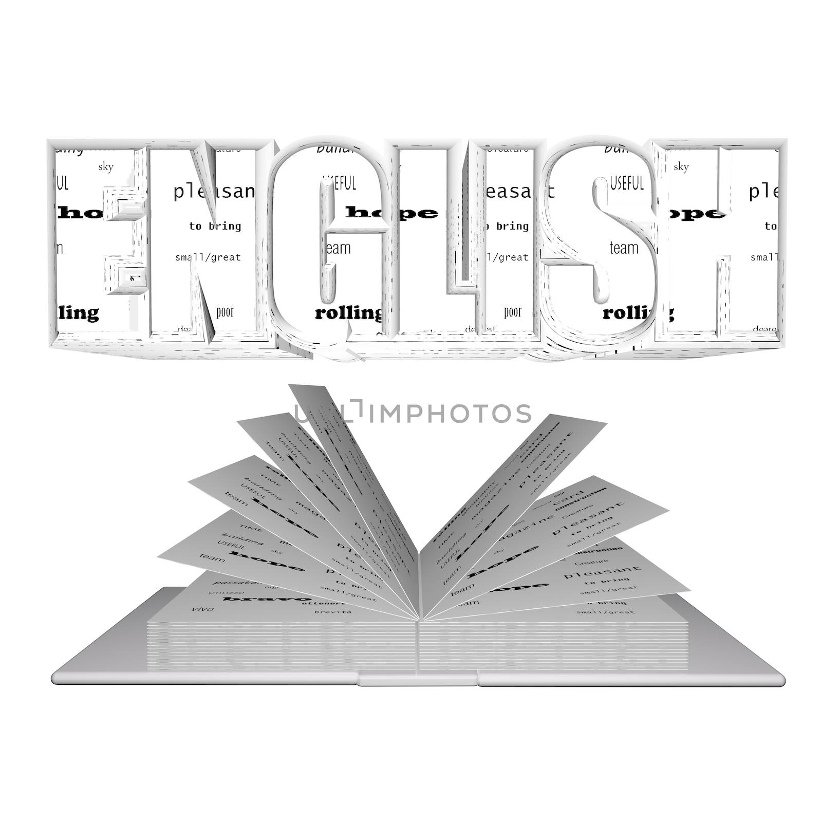 "English" word over an open book, isolated over white, 3d render