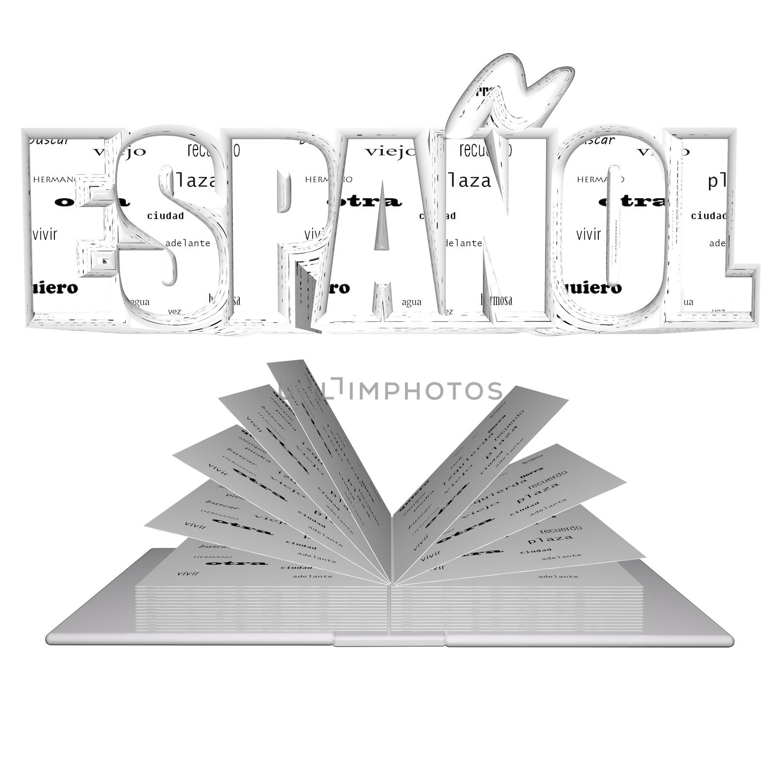 "Espanol" word over an open book, isolated over white, 3d render