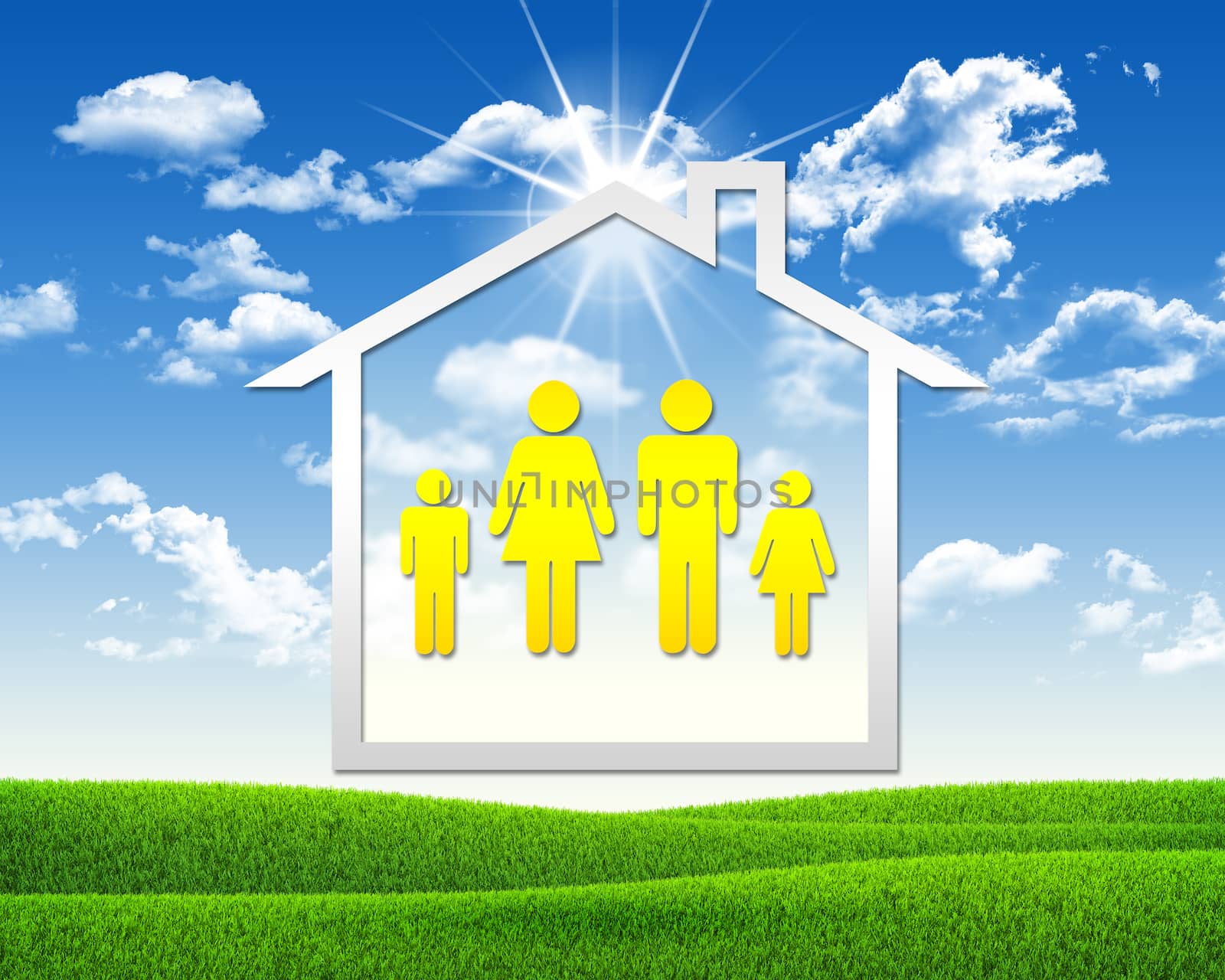 House icon with family symbol. Green grass and blue sky as backdrop