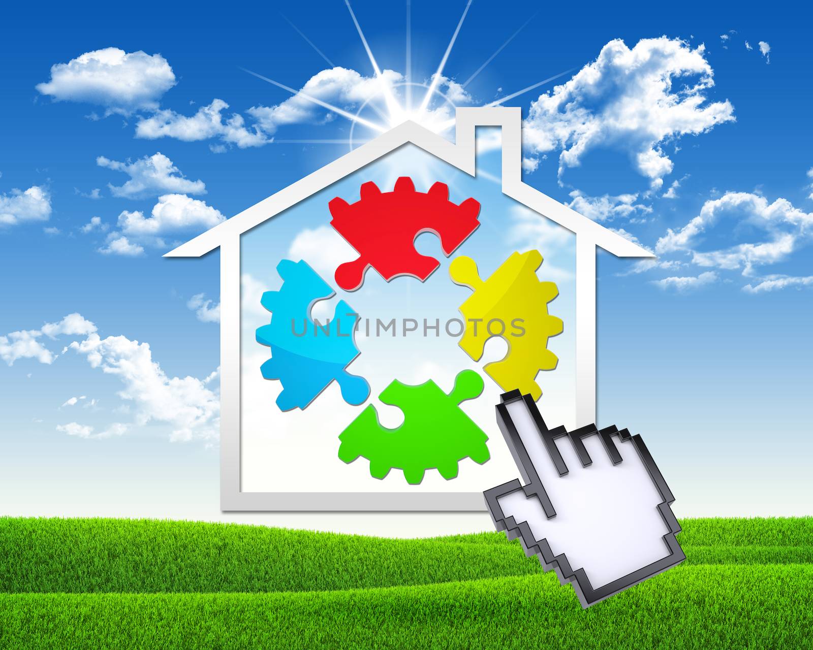 House icon with gear of puzzles and computer hand. Green grass and blue sky as backdrop