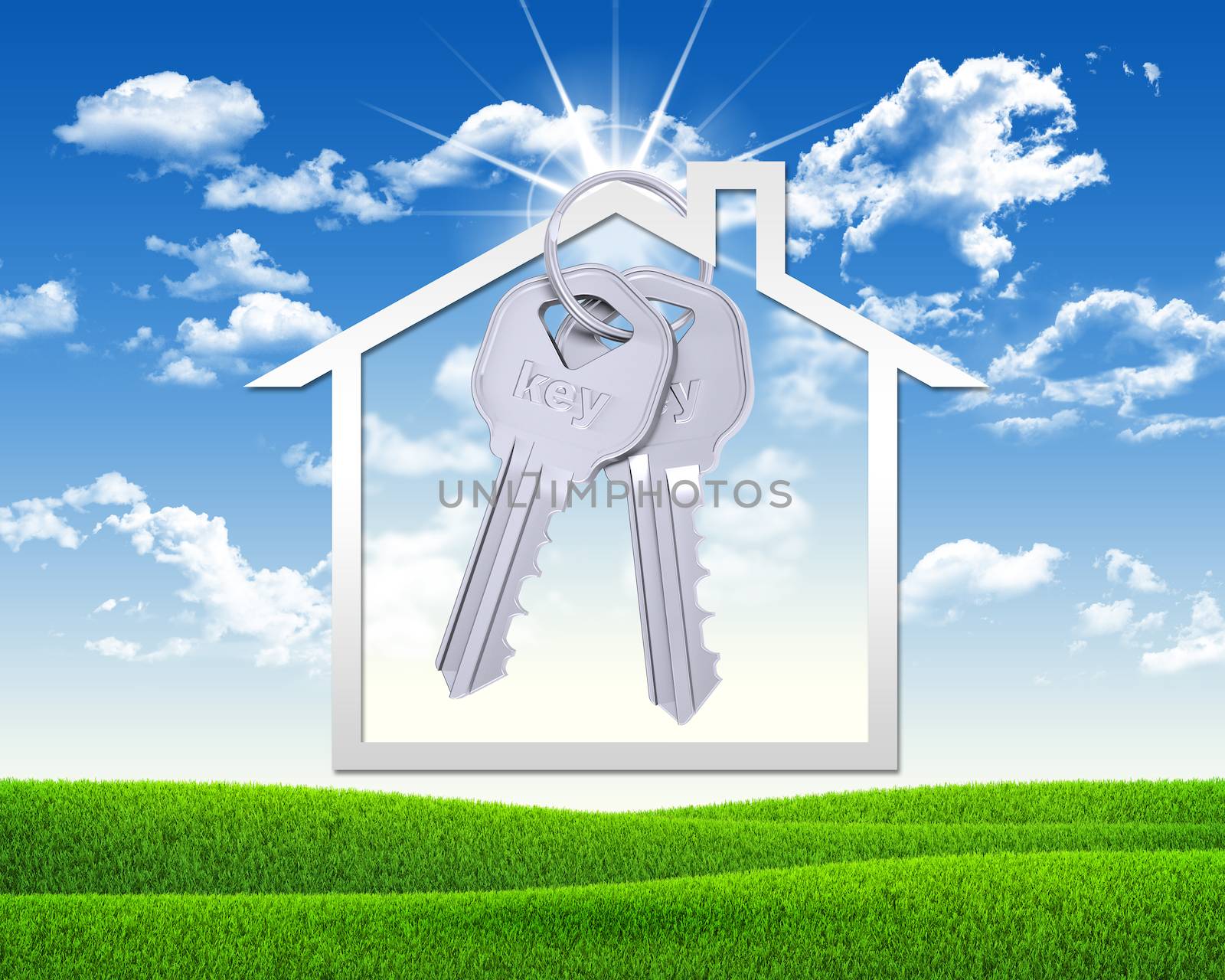 House icon and metal keys. Background of green grass and blue sky