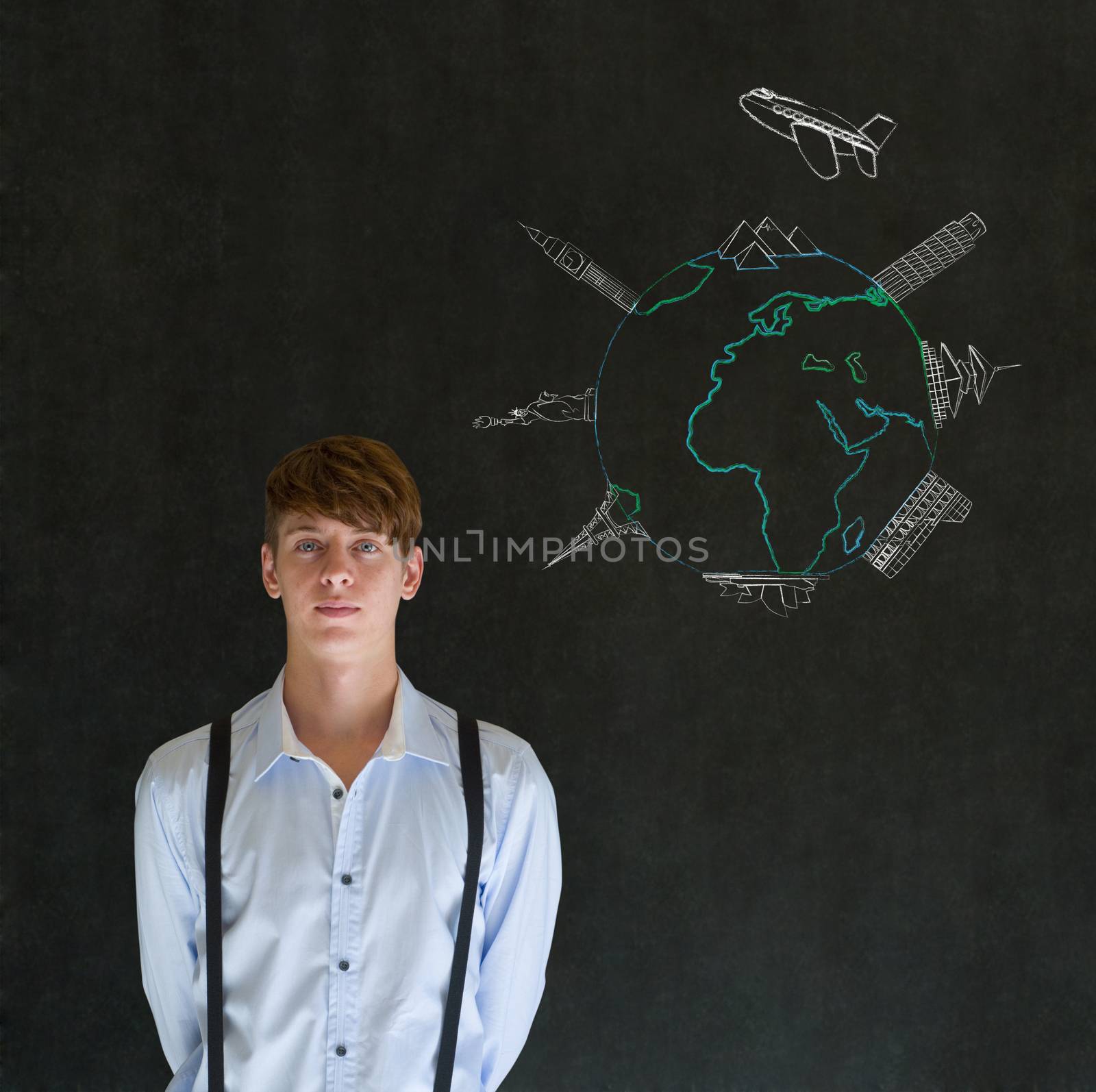 Business travel agent chalk airplane world globe with famous landmarks on blackboard background by alistaircotton
