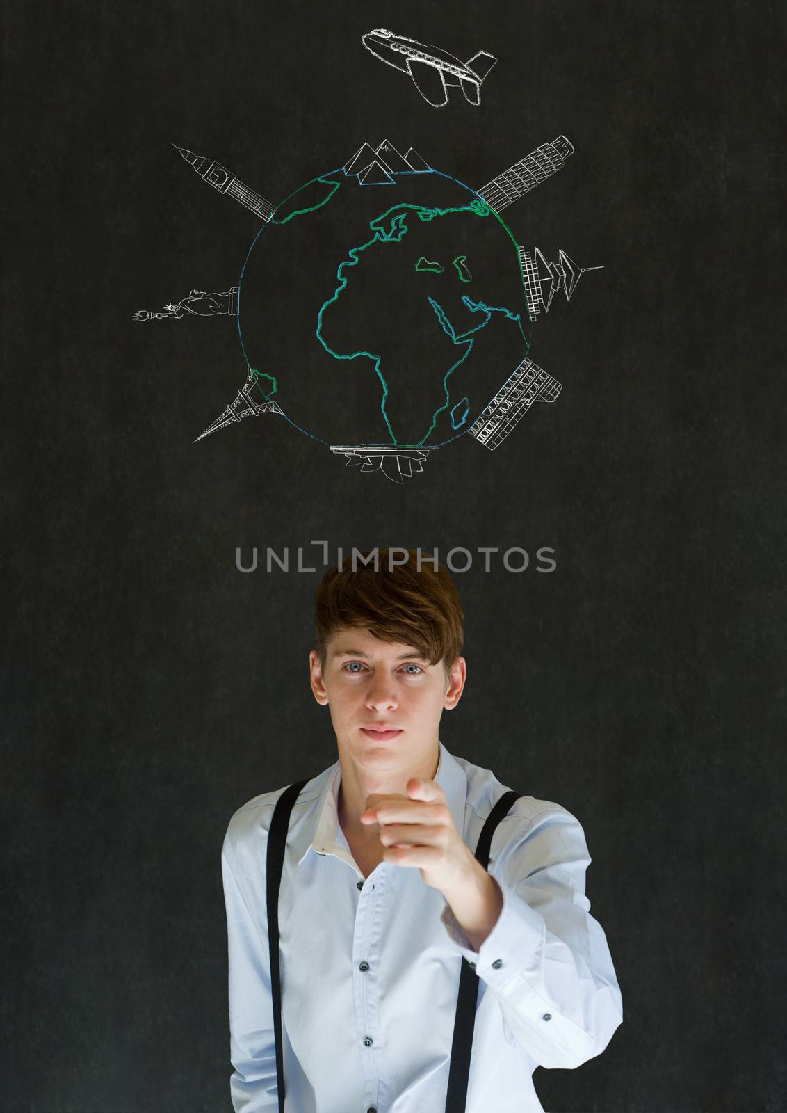 Business travel agent chalk airplane world globe with famous landmarks on blackboard background by alistaircotton