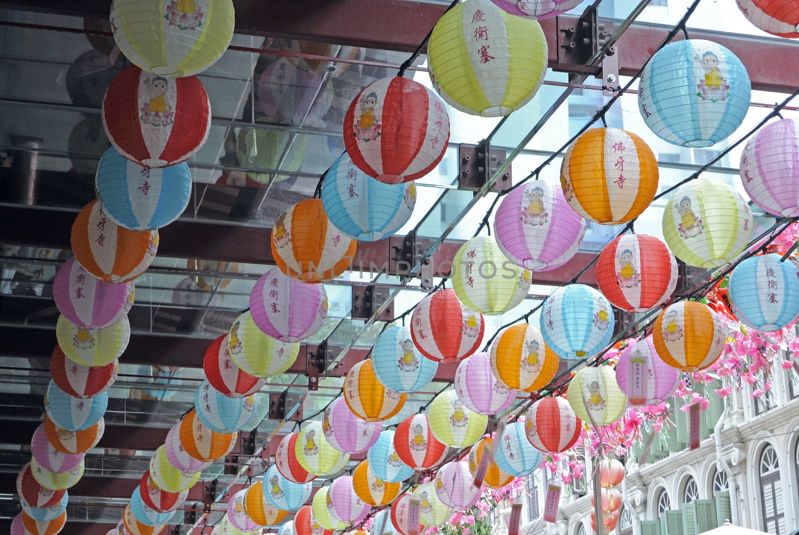 colorful lanterns decorating the ceiling of a Chinese Temple in Singapore