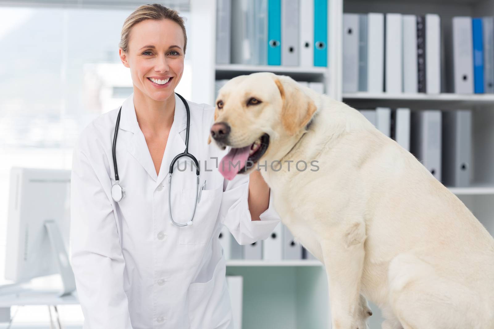 Portrait of confident female vet with dog in hospital