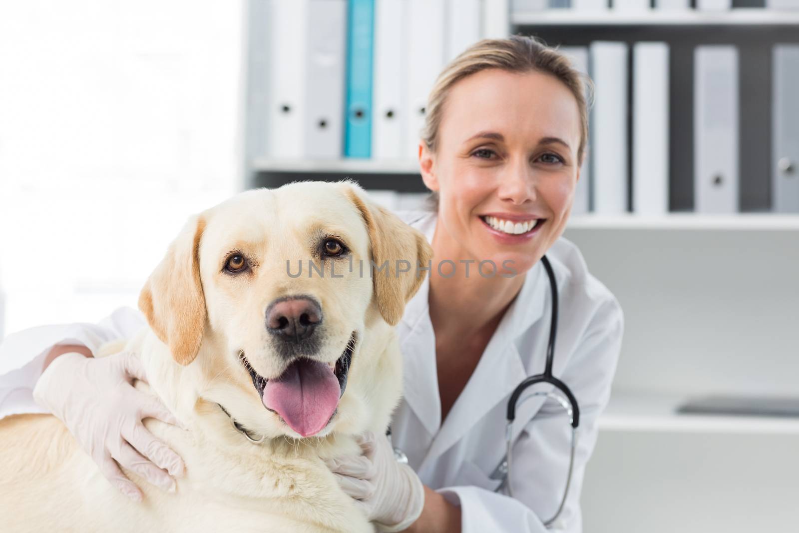 Portrait of confident female veterinarian with dog in clinic