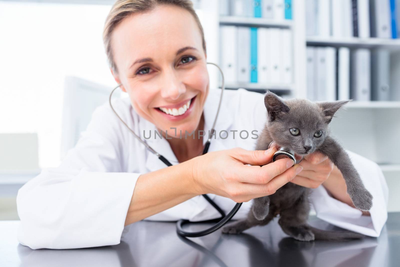 Portrait of female vet examining kitten with stethoscope in clinic