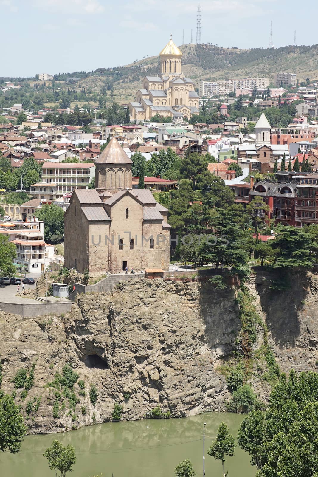 TBILISI, GEORGIA - JUNE 28, 2014: Panorama of Tbilisi with Trinity Church and Metechi Church on June 28, 2014 in Georgia, Europe