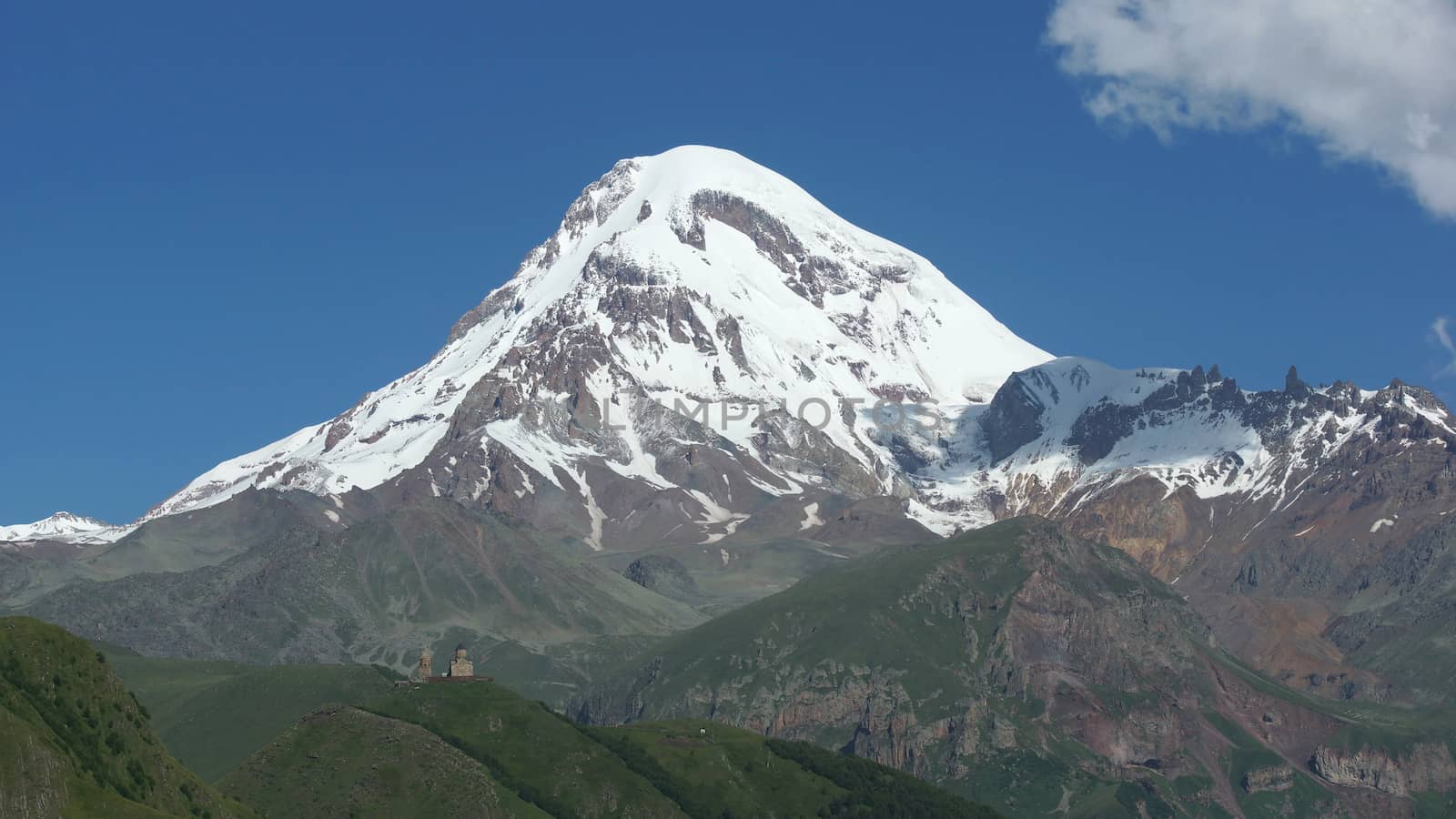 Mount Kazbek with monastery Zminda Sameba, Stepantsminda, Georgia, Europe